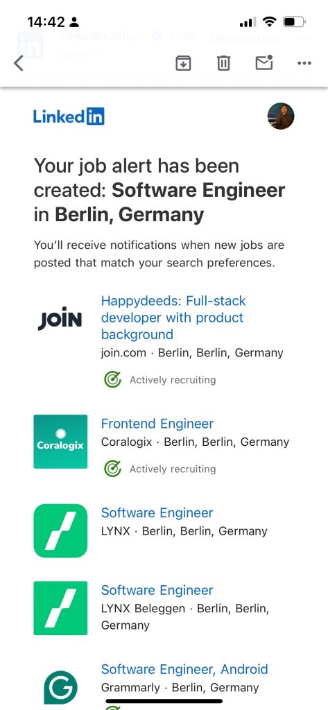 Linkedin job alert screenshot