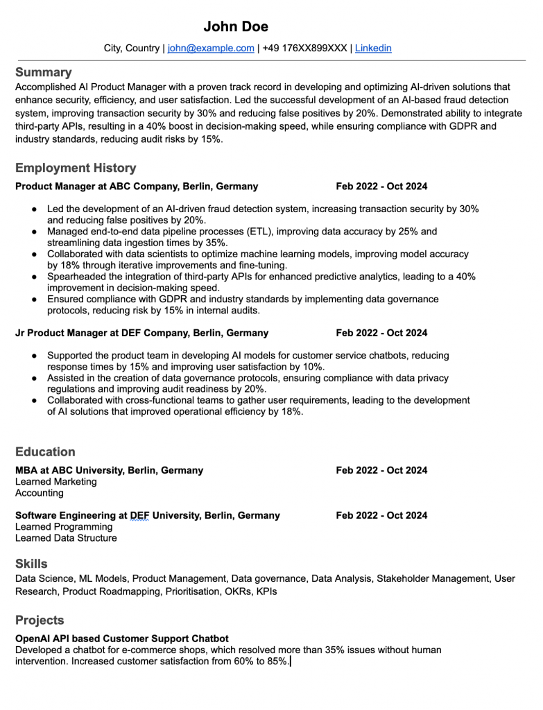 AI Product Manager Resume Example